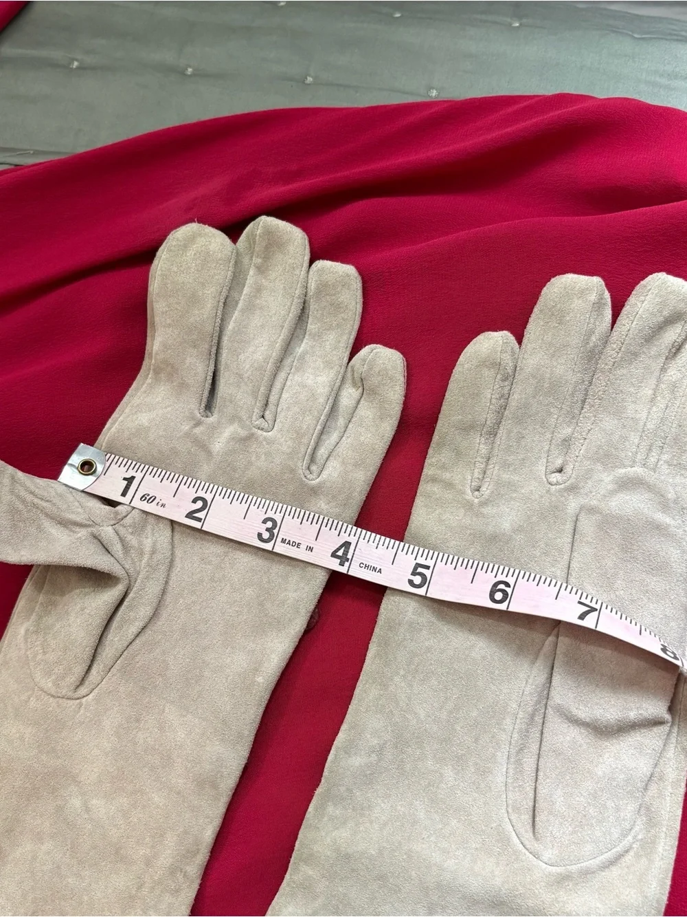 Vintage-look Long Cream Suede Gloves with Dark Red Button Detail